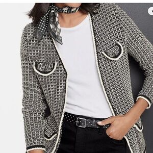 Talbots Tipped Tweed Sweater Cardigan Jacket Black White Knit  2x